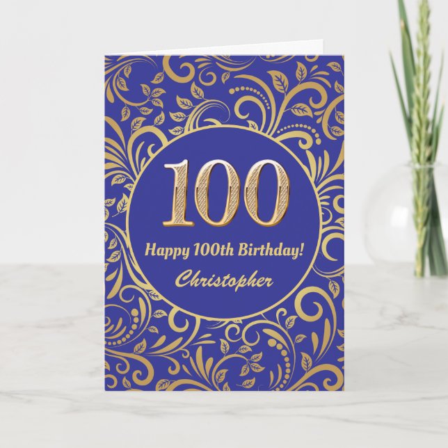 100th Birthday Navy Blue and Gold Floral Pattern Card (Front)
