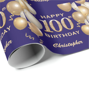 100th Birthday Navy Blue and Gold Glitter Balloons Wrapping Paper