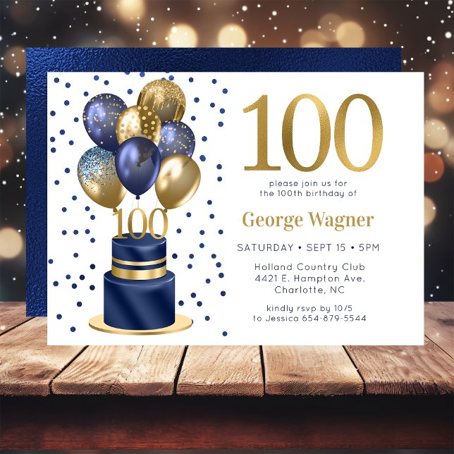 100th Birthday Navy Blue Balloon Cake Invitation (Creator Uploaded)