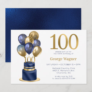 100th Birthday Navy Blue Balloon Cake Invitation