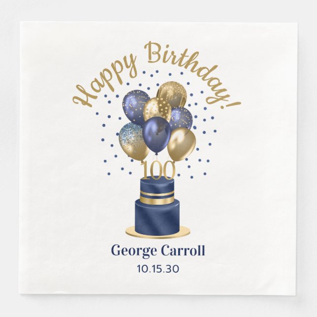 100th Birthday Navy Blue Balloon Cake Napkin (Front)