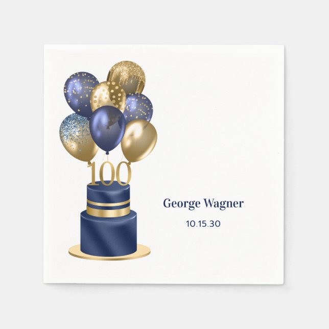 100th Birthday Navy Blue Balloon Cake Napkin (Front)