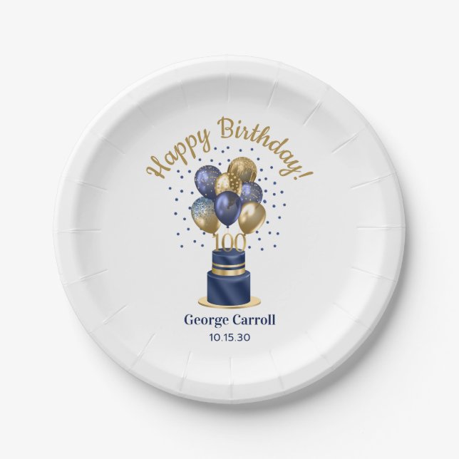 100th Birthday Navy Blue Balloon Cake Paper Plate (Front)