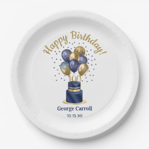 100th Birthday Navy Blue Balloon Cake Paper Plate