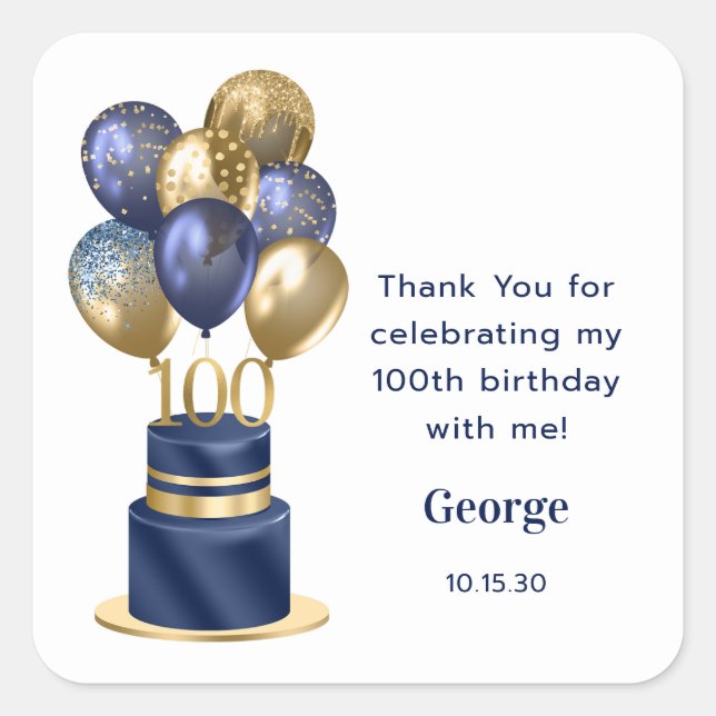100th Birthday Navy Blue Balloon Cake Thank You Square Sticker (Front)