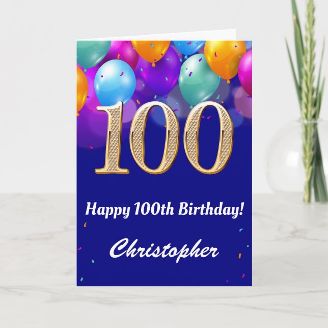 100th Birthday Navy Blue Gold Colourful Balloons Card (Front)
