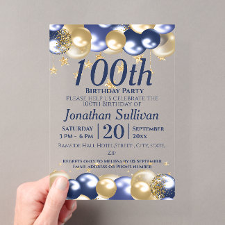 100th Birthday Navy Gold Balloons Party Acrylic Invitations