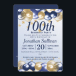 100th Birthday Navy Gold Balloons Party Invitation<br><div class="desc">A stylish 100th birthday Party Invitation . Design features navy blue and gold balloons, Gold glittery starts and navy blue text all on a pale blue gradient background. A lovely design inviting your guests to join you for a 100th birthday party celebration. Easy to customise with your own party details....</div>