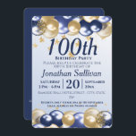 100th Birthday Navy Gold Balloons Party Invitation<br><div class="desc">A stylish 100th birthday Party Invitation . Design features navy blue and gold balloons, Gold glittery starts and navy blue text all on a pale blue gradient background. A lovely design inviting your guests to join you for a 100th birthday party celebration. Easy to customise with your own party details....</div>