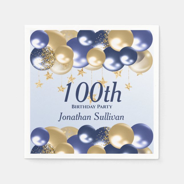 100th Birthday Navy Gold Balloons Party Napkin (Front)