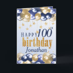 100th Birthday Navy Gold Glitter  Card<br><div class="desc">A stylish 100th Happy birthday age card. This beautiful card features gold and navy balloons. Can be customise for any age and personalised by amending the name and the message inside which currently reads "Congratulations on this amazing milestone. May this day be filled with sunshine and smiles, laughter and love....</div>