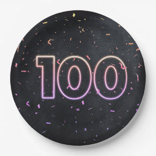 100th Birthday Neon Sign On Black Paper Plate
