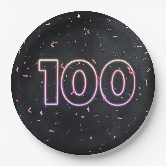100th Birthday Neon Sign On Black Paper Plate (Front)