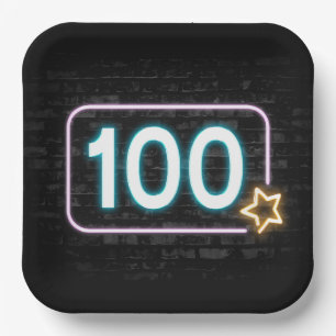 100th Birthday Neon Sign On Brick   Paper Plate