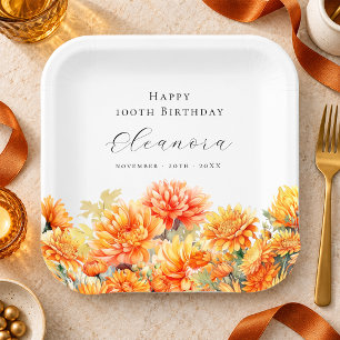 100th Birthday November Birth Flower Chrysanthemum Paper Plate