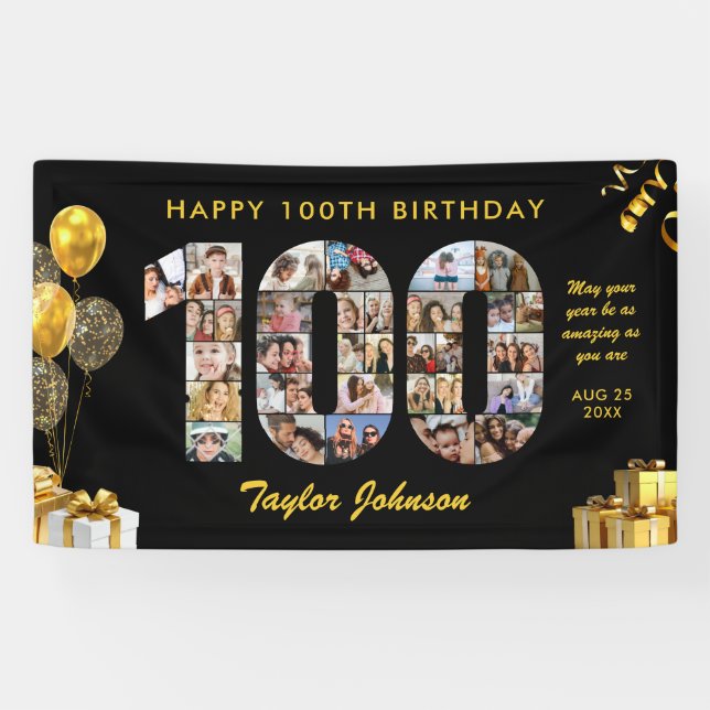100th Birthday Number 100 Photo Collage Black Gold Banner (Horizontal)