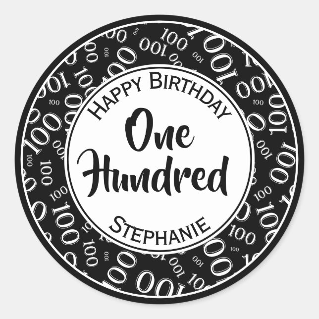 100th Birthday Number Pattern Black/White 100 Classic Round Sticker (Front)