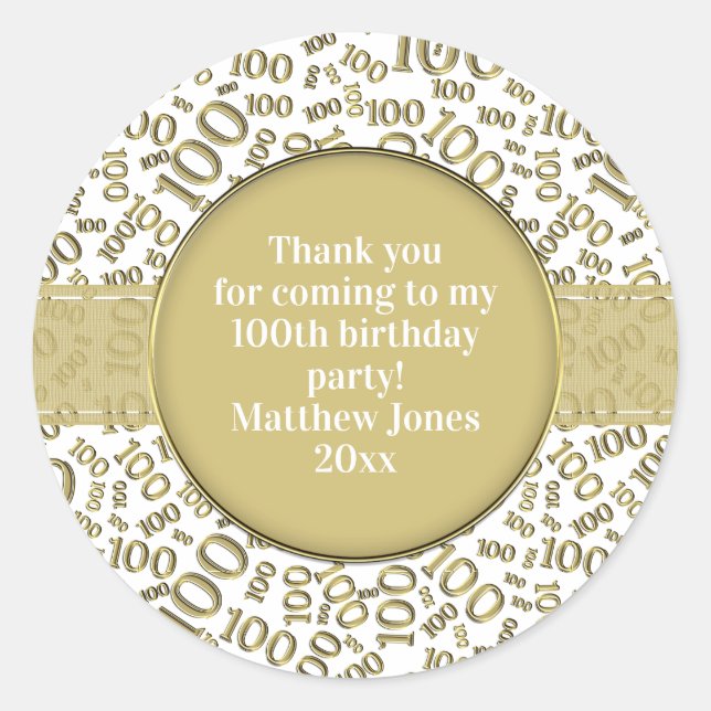 100th Birthday Number Pattern Gold/White Classic Round Sticker (Front)