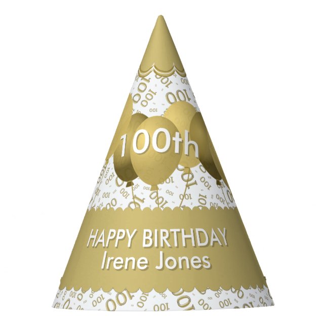 100th Birthday Number Pattern Gold/White Scallops Party Hat (Front)