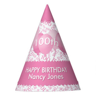 100th Birthday Number Pattern Pink/White Scallops Party Hat
