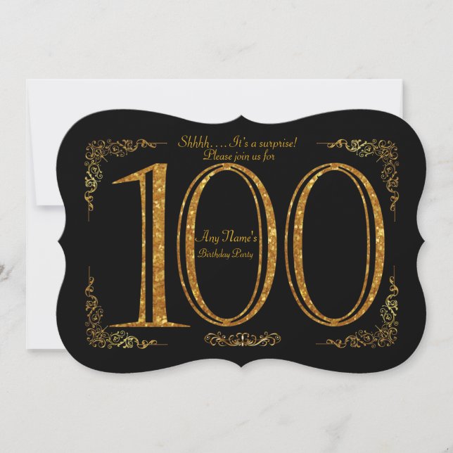 100th, Birthday party 100th, Gatsby, black & gold Invitation (Front)
