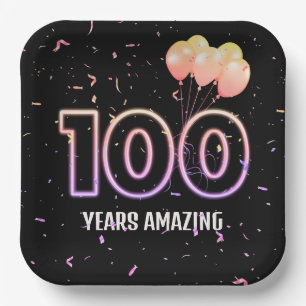 100th Birthday Party Balloons and Confetti Paper Plate