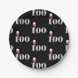 100th birthday party balloons on black paper plate