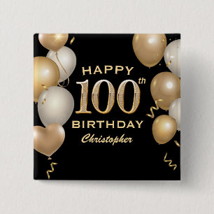 100th Birthday Party Black and Gold Balloons 15 Cm Square Badge