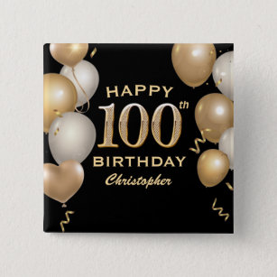 100th Birthday Party Black and Gold Balloons 15 Cm Square Badge