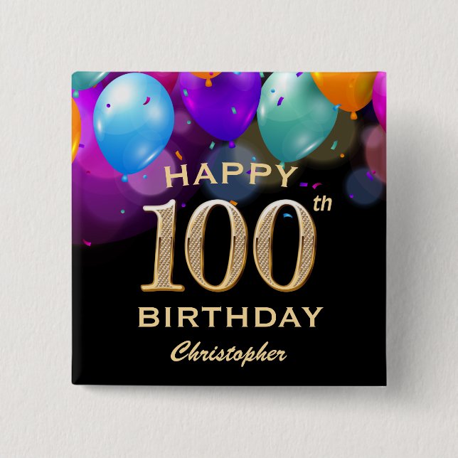 100th Birthday Party Black and Gold Balloons 15 Cm Square Badge (Front)
