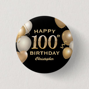 100th Birthday Party Black and Gold Balloons 3 Cm Round Badge