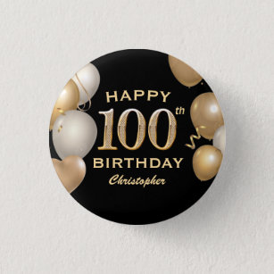 100th Birthday Party Black and Gold Balloons 3 Cm Round Badge