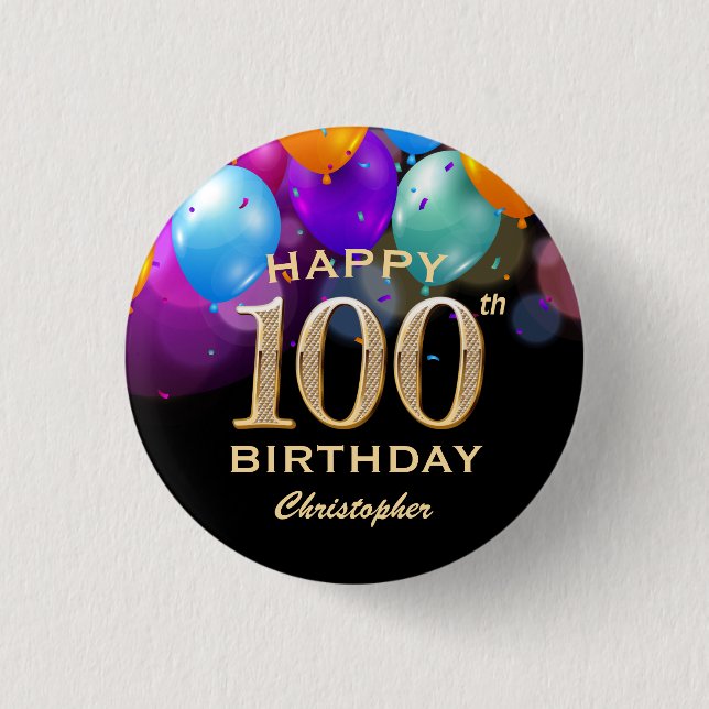 100th Birthday Party Black and Gold Balloons 3 Cm Round Badge (Front)