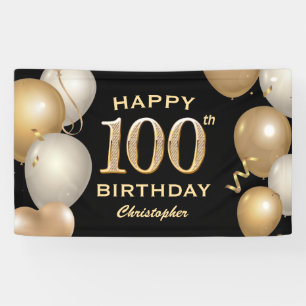 100th Birthday Party Black and Gold Balloons Banner
