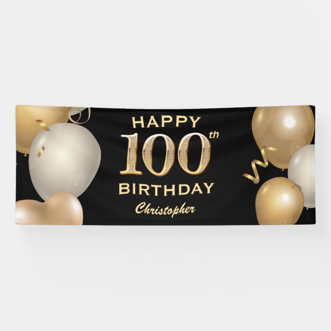 100th Birthday Party Black and Gold Balloons Banner (Horizontal)