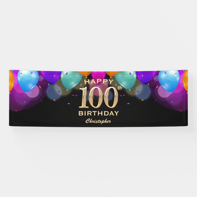 100th Birthday Party Black and Gold Balloons Banner (Horizontal)