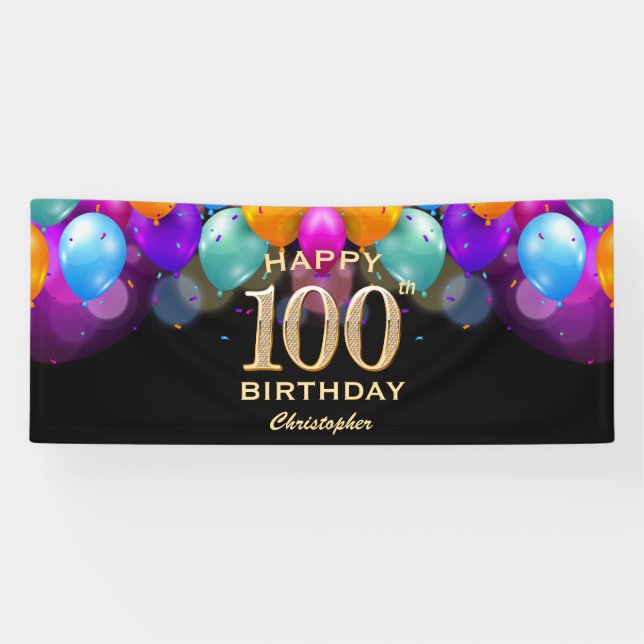 100th Birthday Party Black and Gold Balloons Banner (Horizontal)