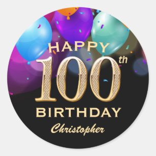100th Birthday Party Black and Gold Balloons Classic Round Sticker