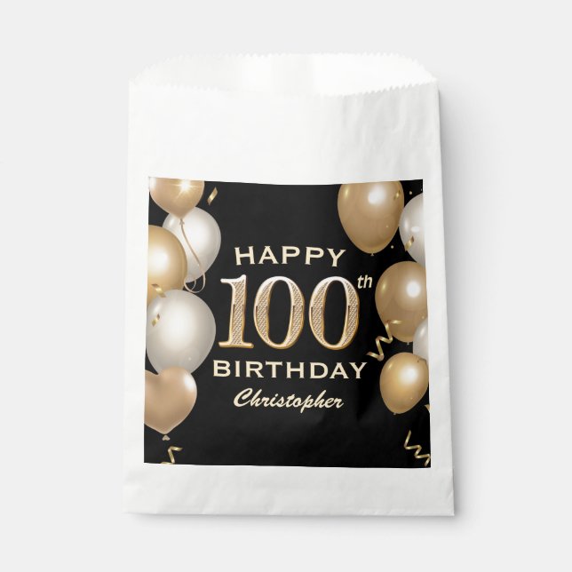 100th Birthday Party Black and Gold Balloons Favour Bags (Front)