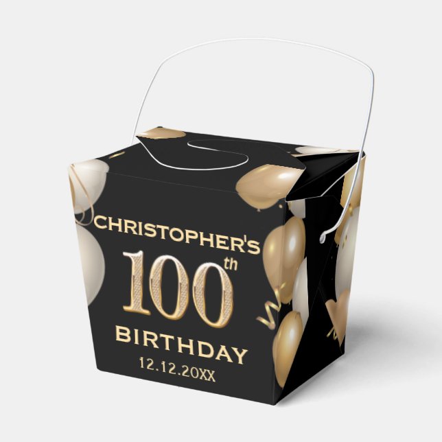 100th Birthday Party Black and Gold Balloons Favour Box (Front Side)