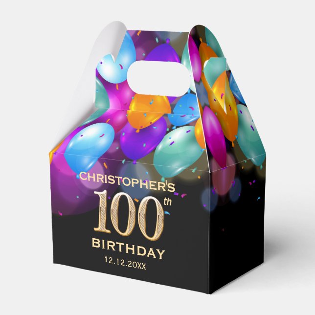 100th Birthday Party Black and Gold Balloons Favour Box (Front Side)