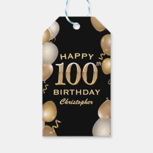 100th Birthday Party Black and Gold Balloons Gift Tags