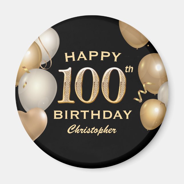 100th Birthday Party Black and Gold Balloons Magnet (Front)