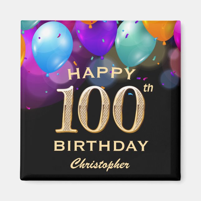 100th Birthday Party Black and Gold Balloons Magnet (Front)