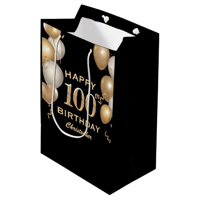 100th Birthday Party Black and Gold Balloons Medium Gift Bag (Front Angled)