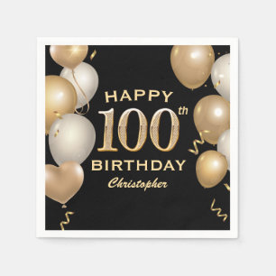 100th Birthday Party Black and Gold Balloons Napkin