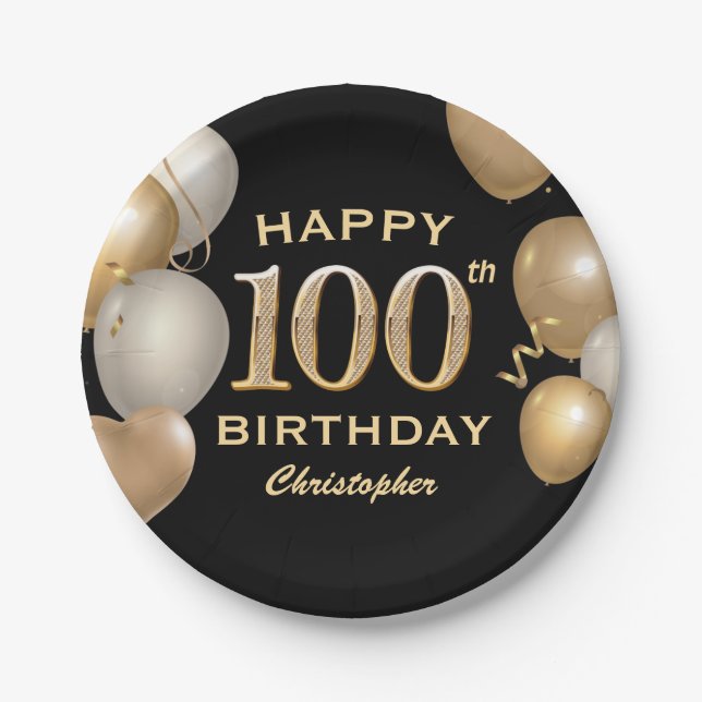 100th Birthday Party Black and Gold Balloons Paper Plate (Front)