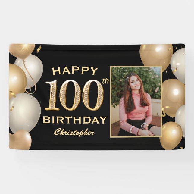 100th Birthday Party Black and Gold Balloons Photo Banner (Horizontal)