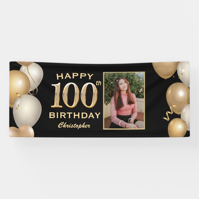 100th Birthday Party Black and Gold Balloons Photo Banner (Horizontal)