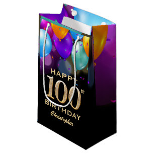 100th Birthday Party Black and Gold Balloons Small Gift Bag